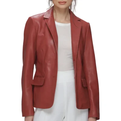 Modern Notch Lapel Red Leather Blazer