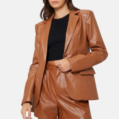 Womens Cognac Brown Leather Oversized Blazer