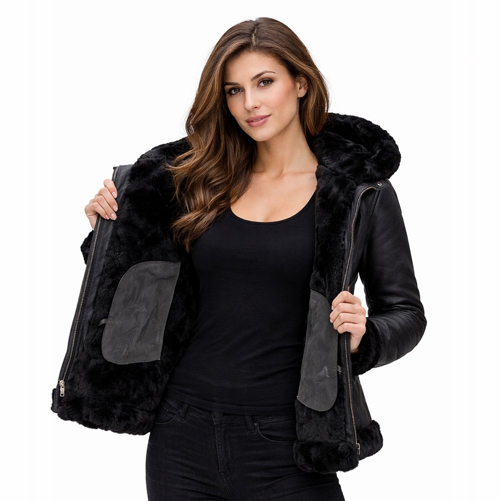 Blackwell Apparel Women's Hooded Shearling Bomber Jacket