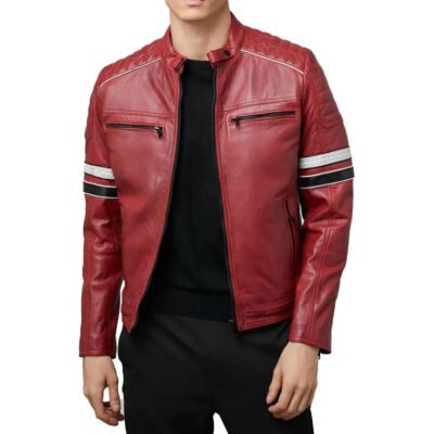 Madrid Mens Quilted Red Leather Racing Jacket with Stripes
