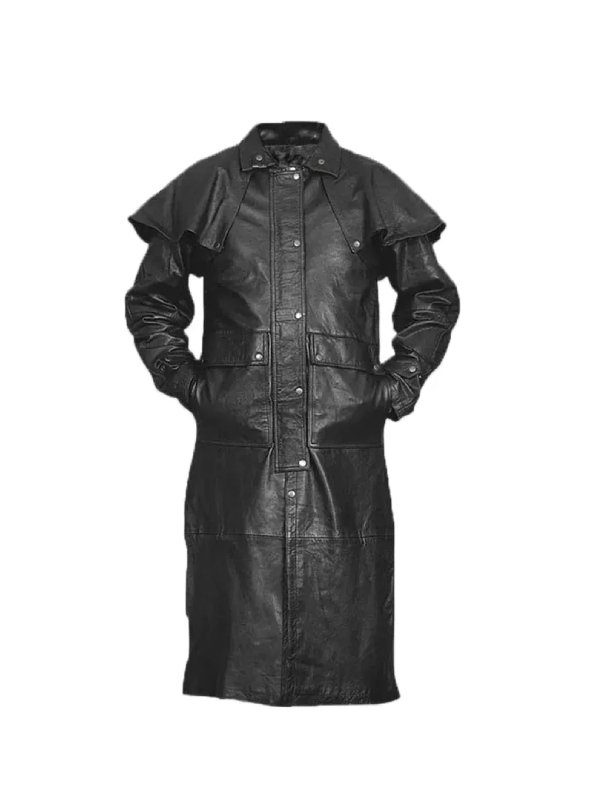 Mens Classic Black Cowboy Leather Duster Coat