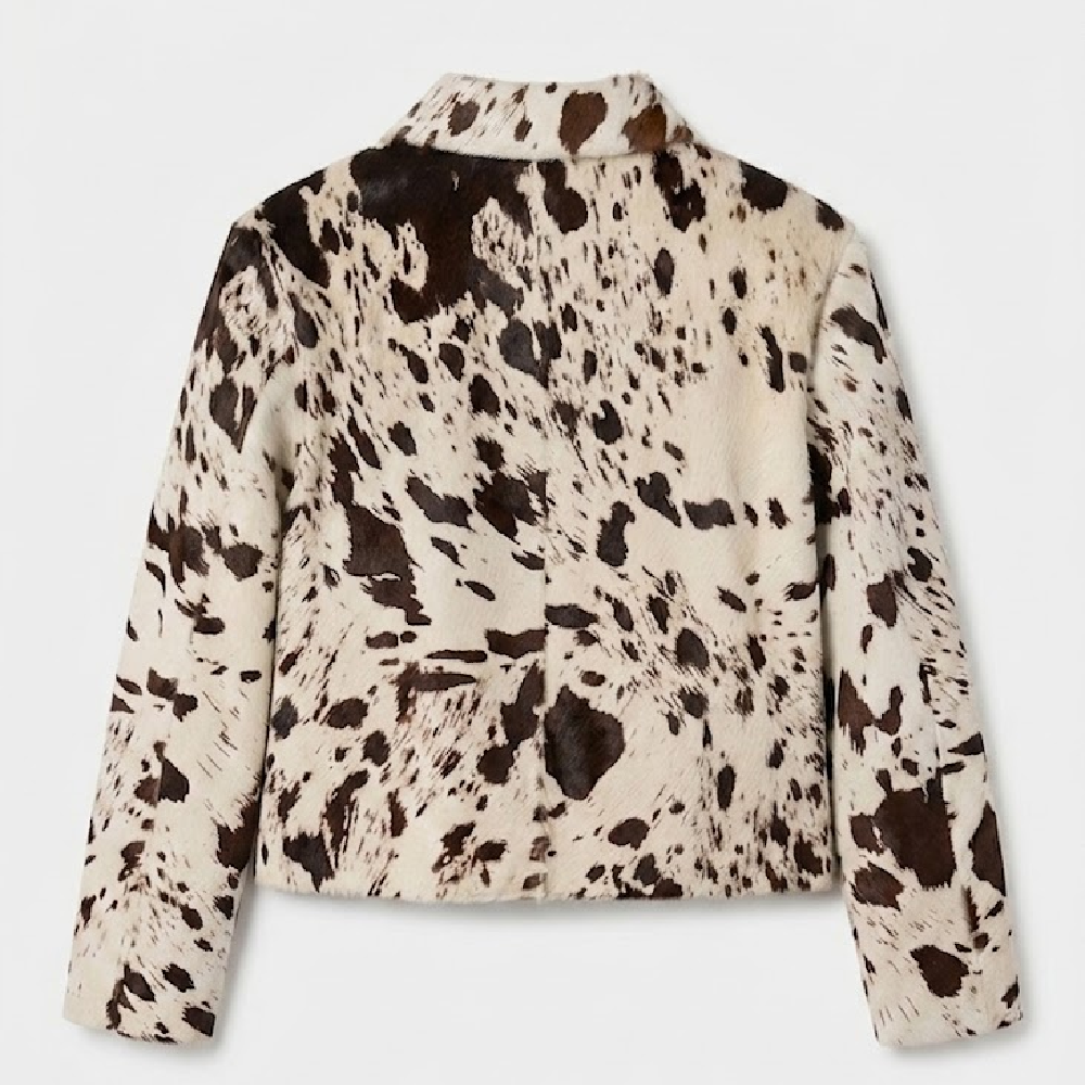 Cow Print White and Brown Leather Jacket Back
