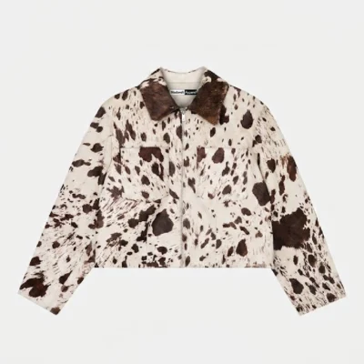 Cow Print White and Brown Leather Jacket Front