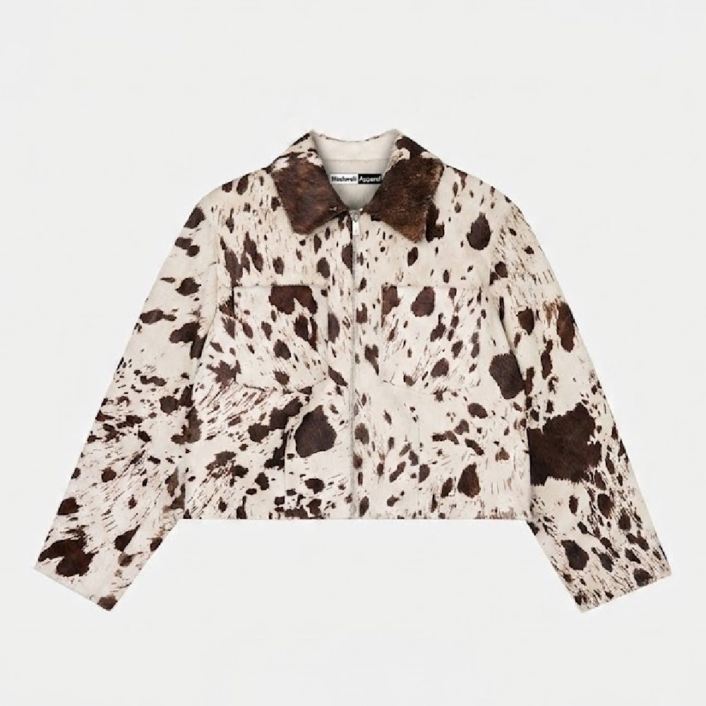 Cow Print White and Brown Leather Jacket Front